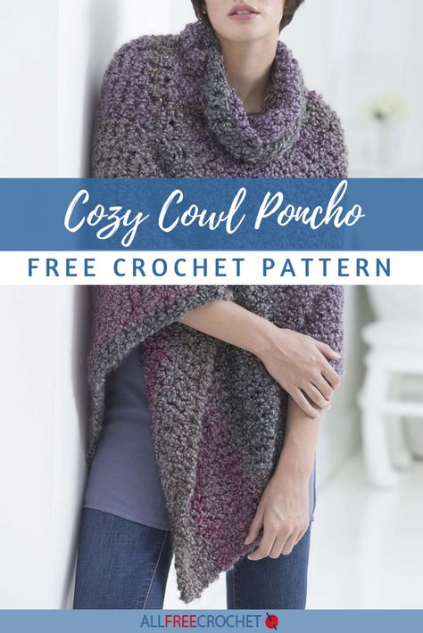 You're going to love this wonderfully comfy cowl neck poncho crochet pattern free from Lion Brand! Crochet Patterns Free Shawl Poncho Cowl Neck, Cowl Neck Poncho Crochet Free Pattern, Crochet Poncho Free Pattern Bulky Yarn, Free Poncho Crochet Pattern, Crochet Ponchos Free Patterns, Easy Crochet Poncho Free Pattern, Poncho Crochet Pattern Free, Free Crochet Poncho Patterns, Crochet Apron