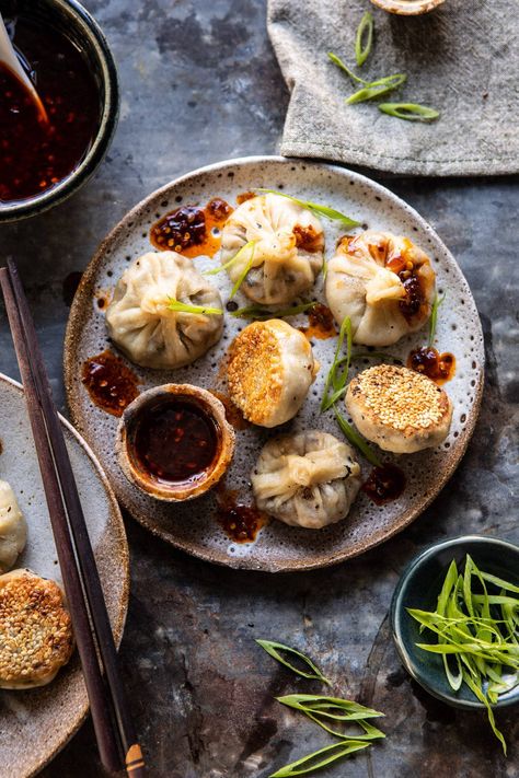 Chinese Mushroom Dumplings with Sweet Chili Ginger Sesame Sauce | halfbakedharvest.com #dumplings #potstickers #chinese Mushroom Dumplings, Vegetarian Dumpling, Chinese Mushrooms, Homemade Dumplings, Sesame Sauce, Half Baked Harvest, Think Food, Sweet Chili, Dim Sum