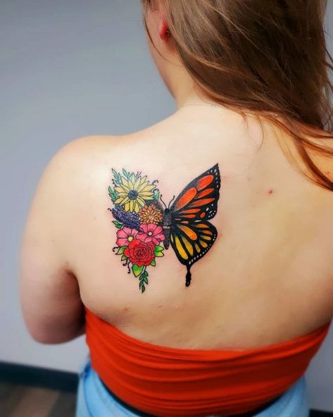 Half-Sunflower And Half-Monarch Butterfly Tattoos Cocoon To Butterfly Tattoo, Half Butterfly Half Flower Tattoo, Tiger Butterfly Tattoo, Realistic Butterfly Tattoo, Butterfly Neck Tattoo, Butterfly Tattoo Cover Up, Half Sunflower, Monarch Butterfly Tattoo, Butterfly With Flowers Tattoo