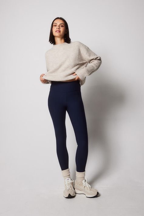 - High-quality brushed interior, designed to keep you cosy. - With a supportive high-rise waistband. - Includes a non-see-through guarantee. - Pair with your favourite knitwear, for the perfect winter outfit. Navy Leggings Outfit Winter, Navy Leggings Outfit Casual, Navy Tights Outfit, Tights Outfits Casual, Navy Leggings Outfit, Thermal Clothes, Wardrobe Plan, Winter Warm Outfits, Navy Tights