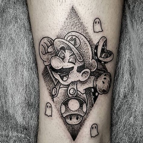 Super Mario Tattoo Ideas Black And White, Someday Tattoo, Super Mario Tattoo, Games Tattoo, Nintendo Tattoo, Mario Tattoo, Pikachu Tattoo, Character Tattoos, Scene Tattoo