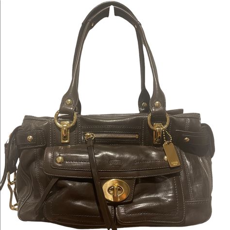 Coach Hampton Lindsay Satchel This Beautiful Vintage Coach Espresso Satchel Has Been Stored In The Dust Bag. 100% Authentic With Tags Still Attached. A Front Flap With Imposing Brass Turn Lock Conceals Two Smaller Front Pockets. The Left Pocket Has A Zipper To It, Which Was Probably Conceived As A Coin Pocket. Another Zippered Pocket In Front Can Be Found In Between The Brass Eyelets. Brass Hardware All Over, With Impressive Snap Ring And Eyelets. The Back Of The Bag Has An Outer Zippered Pocket Access Granted, Angelic Beauty, Magic Bag, Coach Satchel, Image Swag, Snap Ring, Digital Closet, Coach Poppy, Leather Saddle Bags