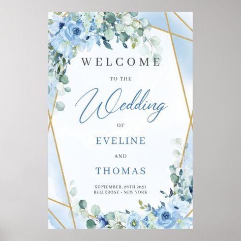 Ice blue floral eucalyptus & gold frame welcome poster Blue Watercolor Floral, Glitter Frame, Geometric Wedding, Welcome Poster, Sage Color, Wedding Welcome Signs, Kids Nursery Decor, Yard Sign, Wedding Frames