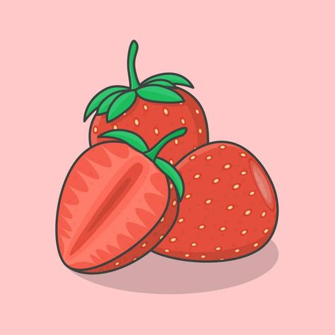 rebanada y todo de fresa dibujos animados vector ilustración. fresa Fruta plano icono contorno