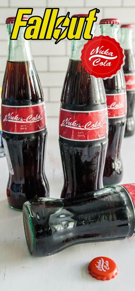 Fallout Crafts Diy, Fallout Party Ideas, Nuka Cola Label, Fallout Diy, Nuka Cola Bottle, Fallout Nuka Cola, Fallout Props, Nuka Cola, Geek Diy