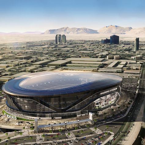 Futuristic Stadium, Stadium Proposal, Raiders Stadium, Arena Design, Rugby Stadium, Nfl Stadium, Allegiant Stadium, Moving To Las Vegas, Sport Center