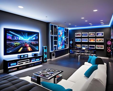 Game Room Ideas Couples, Room Ideas Couples, Video Gaming Room, Living Room Gaming Setup, Teen Hangout Room, Basement Game Room Ideas, Game Room Living Room, Teen Hangout, Hangout Room