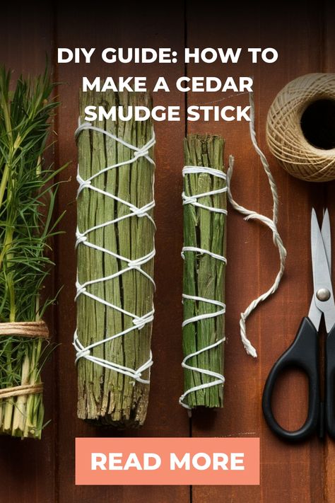 Cedar smudge sticks and crafting materials on a wooden surface with a DIY guide text. Cedar Bundles, Lavender Smudge Sticks, Cedar Smudge Sticks, Smudge Sticks Diy, Lavender Smudge, Cedar Smudge, Spirit Sticks, Herbal Shop, Pagan Crafts