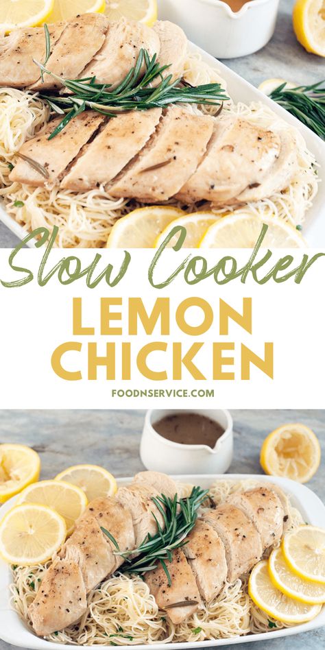 This Slow Cooker Lemon Chicken is pan-seared and then placed in a slow cooker with a mix of fresh herbs, lemon juice, and chicken broth. Hours later, this tender chicken covered in a rosemary lemon reduction sauce is dripping with intense flavor. via @foodnservice Slow Cooker Lemon Garlic Chicken, Crock Pot Creamy Lemon Chicken, Crock Pot Lemon Garlic Butter Chicken, Slow Cooker Lemon Chicken And Potatoes, Lemon Chicken Crockpot, Slow Cooker Lemon Herb Chicken, Lemon Rosemary Chicken Breast, Chicken Breast Recipes Slow Cooker, Slow Cooker Lemon Chicken