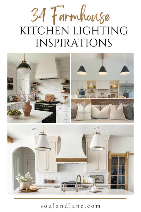 Illuminate the heart of your home with farmhouse kitchen lighting ideas that blend warmth and functionality. Embrace the rustic charm of pendant lights with distressed wood or vintage metal finishes, hanging above your island or dining table to create a cozy, inviting ambiance. For a modern twist, incorporate sleek, industrial-inspired fixtures or Edison bulbs that add character and a touch of nostalgia. Recessed lighting can provide a subtle glow, while under-cabinet lights enhance practicality Modern Farmhouse Kitchen Lights Pendants, Farmhouse Kitchen Table Lighting, Farmhouse Pendant Lighting Islands, Farmhouse Kitchen Lighting Ideas, Farmhouse Chandelier Kitchen, White Kitchen Pendant Lights, Dining Table Pendant Light, Shiplap Kitchen, Kitchen Table Lighting