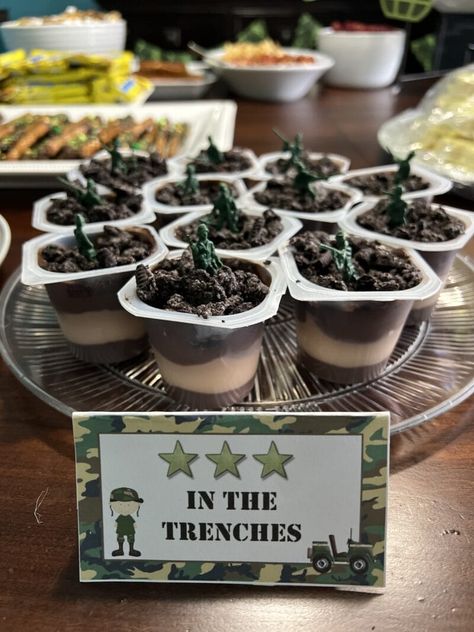 Tank Birthday Party Ideas, Army Ship Out Party, Army Themed Food Ideas, Army Party Snacks, Camo Bday Party Ideas, Army Camo Birthday Party, Soldier Party Decorations, Navy Seal Birthday Party Ideas, Modern Warfare Birthday Party