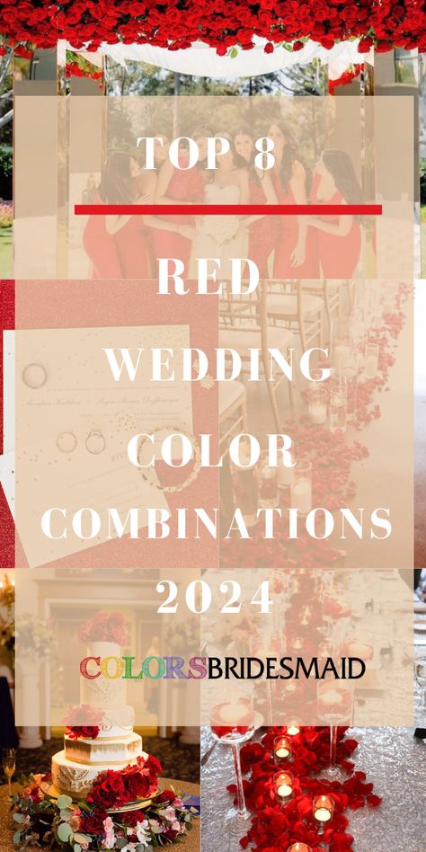 Top 8 Red Wedding Color Combinations for 2024 - ColorsBridesmaid Red And Cream Wedding Theme, Wedding Colors With Red, Red Table Centerpieces, Black And Red Bridesmaid Dresses, Red Wedding Color Schemes, Red And Navy Blue Wedding, Red Wedding Color Palette, Wedding Color Schemes Red, Black Groom Suit