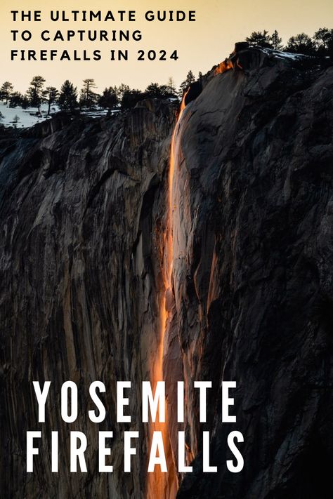 A photo that captures Yosemite Firefalls, a spectacle that happens during the winter at sunset. Yosemite In The Fall, Yosemite In February, Yosemite In September, Firefall Yosemite, Weekend In Yosemite, California Vacation, Yosemite Valley, Lighting Guide, Yosemite National Park