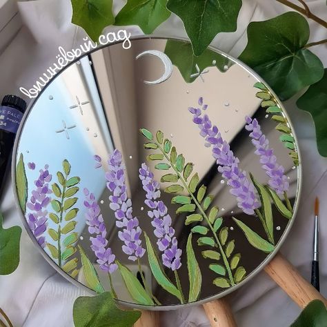 Painted Mirror Aesthetic, Mirror Painting Aesthetic, Aesthetics Painting, Painted Mirror Art, Hand Painted Mirrors, Painting Glass Jars, Acrylic Flower Painting, Flamingo Painting, Artsy Aesthetic