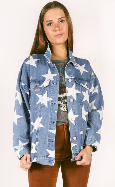 Star Denim Jacket, Star Jacket, Jeweled Shoes, Printed Denim Jacket, Print Denim, White Stars, Jewelry And Accessories, Denim Fabric, Star Print