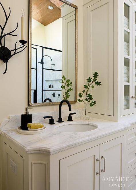 Painted Bath Cabinets, Bathroom With Cream Cabinets, Cream Cabinet Bathroom, Bathroom Beige Cabinets, Bm White Down Walls, Bathroom Cream Cabinets, Cream Colored Bathroom Cabinets, Cream White Bathroom, Cream Cabinets Bathroom