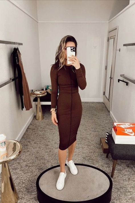 This Neutral Brown Body Con Dress is the perfect small and mighty piece for your wardrobe. Whether it's for a night out on the town, or for a more casual day look, this piece is an ideal go-to. With its figure flattering design, comfortable fit, and timeless style, this dress is sure to be a showstopper no matter what the occasion.(includes affiliate links) Simple Fall Dresses, Fall Chic Outfits, Dressy Fall Outfits, Dress And Sneakers, Tight Long Sleeve Dress, Simple Long Sleeve Dress, Mom Outfits Fall, Mom Style Summer, Dress And Sneakers Outfit