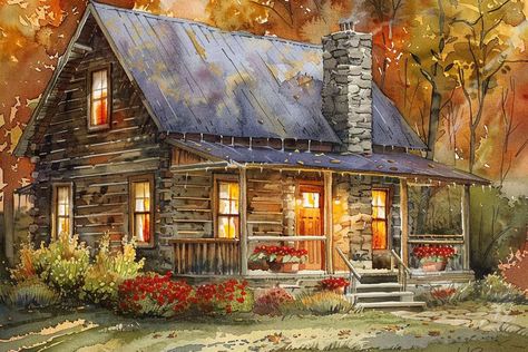 Watercolor painting of a rustic log cabin at dusk, with warm lights glowing from windows and autumn leaves scattered around, set against a forest backdrop. Log Cabin Painting, Modern Homemaking, Cabin Painting, Design Your House, House Portrait Painting, Forest Backdrop, Rustic Log Cabin, Small Log Cabin, Forest Backdrops