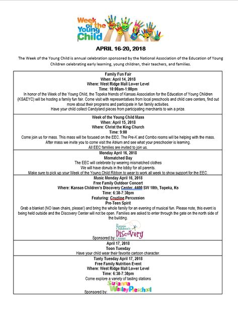 Week of the Young Child Celebration for our Center. Community Events and theme days. Week Of The Young Child Family Friday Activities, Naeyc Week Of The Young Child, Week Of The Young Child Ideas, Week Of The Young Child, Theme Days, Christ The King, Family Ideas, Work Family