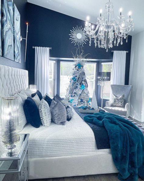 @wendywittwerdesign shared a photo on Instagram: “Happy Saturday My Friends! Today I am featuring new views of my Christmas Master Bedroom! Please swipe to the left to see more photos in…” • Dec 11, 2021 at 3:50pm UTC Royal Blue Bedroom Decor Ideas, Silver And Blue Bedroom Ideas, Royal Blue And White Bedroom Ideas, Dark Blue Master Bedrooms Decor, Royal Blue Room Ideas Bedroom, Blue Bedroom Ideas For Women, Blue And Silver Bedroom Ideas, Royal Blue Bedroom Ideas, Glamorous Bedding