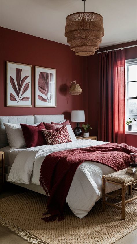 Maroon Bedroom, Burgundy Room, Burgundy Bedroom, Red Apartment, Winter Bedroom Decor, Simple Fall Decor, Home Decor Cozy, Fall Bedroom Decor, Cozy Fall Bedroom