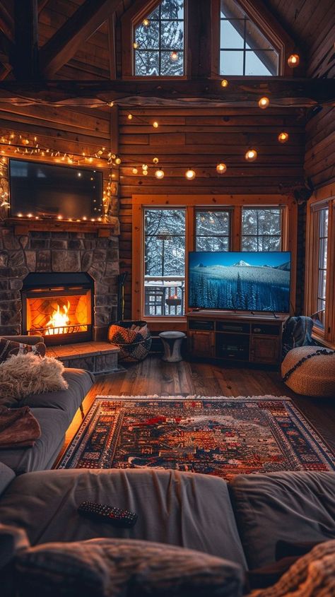 Cozy cabin interior with rustic charm, stone fireplace, plush sofas, and twinkling lights. Timeless elegance and modern comforts in a serene setting. Cabin House Interior, Mountain Cabin Interior, Cozy Cabin Aesthetic, Log Home Interior, Cozy Log Cabin, Cabin Aesthetic, Patterned Rugs, Cabin Retreat, Small Log Cabin