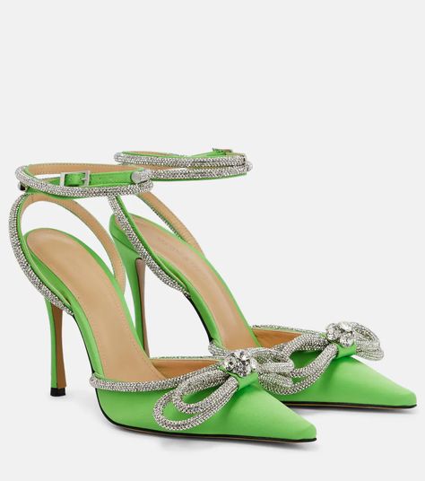 Mach And Mach Heels, Satin High Heels, Fancy Heels, Tie Heels, White Wedding Shoes, Green Heels, Double Bow, Cute Heels, Bow Heels