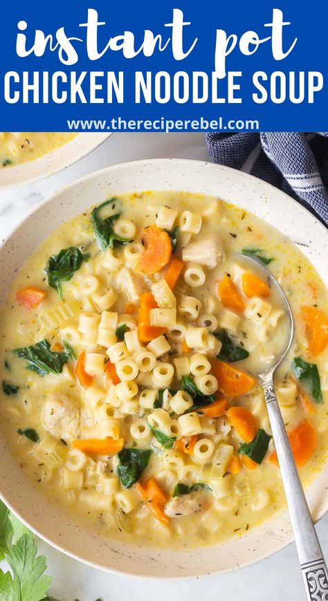 This Creamy Instant Pot Chicken Noodle Soup Recipe is simple and quick but packs a serious flavor punch. This creamy soup is loaded with vegetables an... Instant Pot Creamy Chicken Noodle Soup Recipes, Instant Pot Recipes Cold Weather, Ip Chicken Soup Recipes, Instant Pot Sick Soup, Instant Pot Chicken Carcass Soup, Chicken Soups Insta Pot, Instapot Chicken Soup Recipes Easy, Instant Pot Dump Soup, Instapot Chicken Noodle Soup Recipes