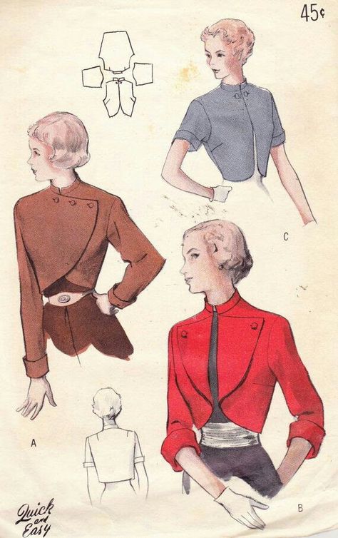 Adorable little jackets and bolero patterns 1950s Patterns, Bolero Pattern, Cropped Jackets, Patron Vintage, Women's Sewing Pattern, Vintage Dress Patterns, Vogue Sewing, Patterns Ideas, 50 Style