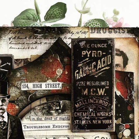 Bernadette Ball on Instagram: "Inspired by all the fabulous makes shown by @tim_holtz in the live yesterday. This is a 5x7” canvas board covered with lots of yummy Halloween Idea-ology - the undertaker and his son 🖤🖤🖤🖤🖤 #tim_holtz #timholtz #ideaology #halloween #halloweencrafts #spookyseason #halloweendecor #mixedmedia #collageart" Halloween Idea, The Undertaker, Canvas Board, Tim Holtz, Junk Journals, Journal Ideas, Halloween Crafts, Collage Art, Junk Journal