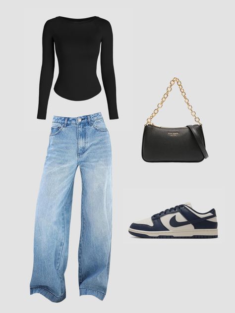 cute black top, blue jeans, black bag, nike shoes, aesthetic outfit Shoes Aesthetic Outfit, Casual Wide Leg Jeans, Fashion Boyfriend, Black Top Outfit, Long Pants Fashion, Blue Jean Outfits, Baggy Trousers, Jeans High Waisted, Boyfriend Style