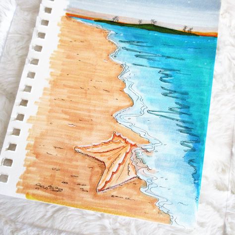 Seaside Drawing, Beach Drawings, Starfish Drawing, Whimsical House, Starfish Art, Beach Drawing, Crooked House, Watermelon Art, Art Coquillage