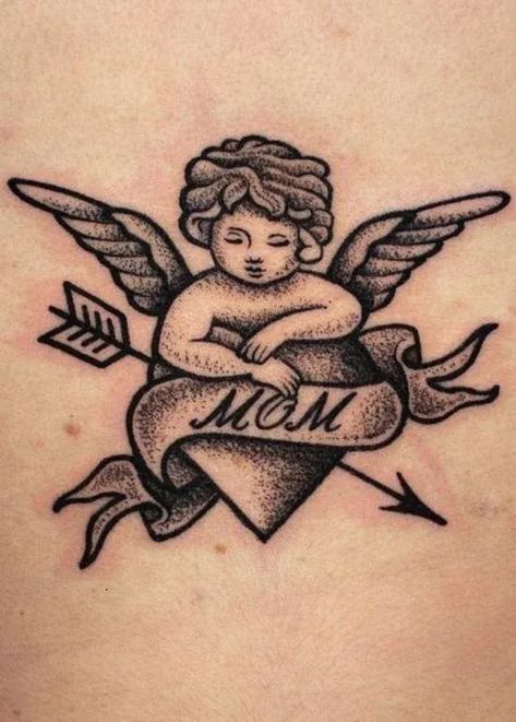 The angel wings and halo tattoo serves as a poignant reminder that your mom, though no longer present, continues to watch over you as your guardian angel. Opt for an all-black or black and red design to carry this deeply personal symbol with you.  Source: Pinterest (@Beretta Tattoo)   #MomMemoryTattoos #InMemoryOfMomInk #TributeTattoosForMom #GuysMemorialTattoos #MeaningfulMomTattoos #CoolTattoosForGuys #MotherTributeInk #MemorialInkIdeas #InMemoryTattoos #HonoringMomTattoos Angel Mom Tattoo, Angel Wings And Halo Tattoo, Wings And Halo Tattoo, Mom Tattoos For Guys, Angel Wings And Halo, In Memory Of Mom, Halo Tattoo, Mom Heart Tattoo, Gothic Tattoos