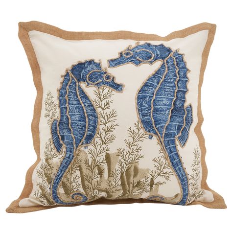 Beautiful Beach Houses, Statement Pillow, Tropical Home Decor, Coastal Pillows, Coastal Bedrooms, Beach House Interior, Seahorses, Cotton Throw, Blue Throw Pillows