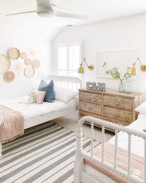 Our coastal shared kids’ room ❤️.  http://liketk.it/2Q5za #liketkit #affiliatelinks #gifted #coastalhome #coastaldecor #beachroom #beachhouse #beachcottage #jennylind #jennylindbed #sharedroom @liketoknow.it #LTKkids #LTKunder100 #LTKhome @liketoknow.it.home Coastal Shared Bedroom, Toddler Girl Shared Bedroom, Coastal Toddler Room, Girls Coastal Bedroom, Shared Girls Room Sisters, Kids Coastal Bedroom, Sister Room Ideas Shared Bedrooms, Coastal Girls Bedroom, Coastal Kids Bedroom