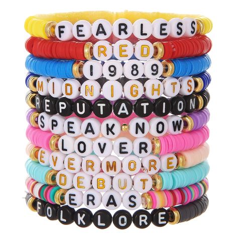 PRICES MAY VARY. 💖PERFECT GIFT: You will receive 11 style bracelets. Inspired by the TS Records aesthetic album. These glamour-era travel bracelets are perfect for a stylish look. As a fan of Taylor's music, TS style bracelets for girls are the most popular jewelry trend this year. Wear alone or paired with other bracelets for an instantly stylish look. 💖Material & Size: With their craftsmanship and adjustable size, these TS-inspired bracelets are a must-have accessory for any fan. These color Stackable Beaded Bracelets, Album Bracelets, Letter Bead Bracelets, Midnight Album, Kids Bracelet, Fan Bracelet, Girls Party Favors, Polymer Clay Bracelet, Creative Accessories