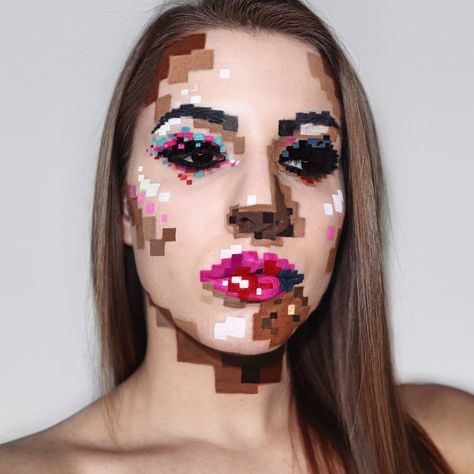 Nika Hauptman on Instagram: “Pixelated 🤯 #allmakeup I'm probably gonna have a dream about squares after this 😂 Inspired by @ekilateral . @maccosmetics Studio Fix Fluid…” Creative Makeup Photography, Fantasy Makeup Ideas, Eyeshadow Creative, Makeup Ideas Creative, Makeup Looks Creative, Makeup Creative, Aesthetic Creative, Makeup Colorful, Halloween Creative