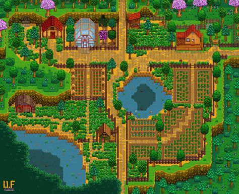 Stardew Valley Pond, Stardew Farms, Stardew Valley Layout, Stardew Valley Farms, Plan Layout, Farm Plans, Farm Layout, Pond Ideas, Farm Projects