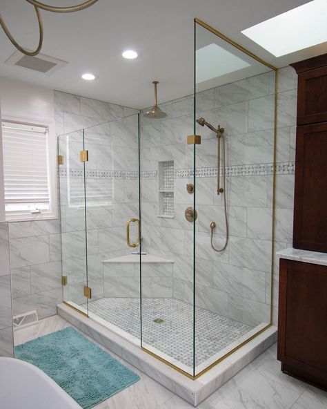 Shower With Glass Panel, Open Shower With Glass Panel, Master Shower Glass Enclosure, Fixed Glass Panel Shower Door, Shower Pan With Glass Door, Frameless Fixed Glass Shower Panel, Upscale Bathroom, Frameless Sliding Doors, Satin Brass Hardware