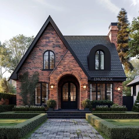 Add On To Brick House, Tiny Tudor House, Whimsigoth Home Exterior, Brick House With Black Accents, Red Brick Black Siding, Small Brick House Exterior, Brick House Black Trim, Dark Brick House, Cozy Brick House