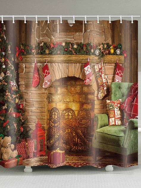 DressLily.com: Photo Gallery - Christmas Fireplace Tree Print Waterproof Bathroom Shower Curtain Holiday Shower Curtains, Red Shower Curtains, Christmas Bathroom Sets, Bathroom Curtain Set, Holiday Fireplace, Fireplace Stockings, Holiday Bathroom, Winter Shower, Cloth Shower Curtain