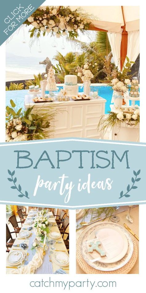 Don't miss this gorgeous classic baptism! The table settings are beautiful! See more party ideas and share yours at CatchMyParty.com Baptismal Table Set Up, Baptism Food Ideas Lunches, Baptism Dinner Ideas, Backyard Baptism Party, Baptism Luncheon Ideas, Baptism Food, Baptism Reception, Adult Baptism, Baptism Decorations