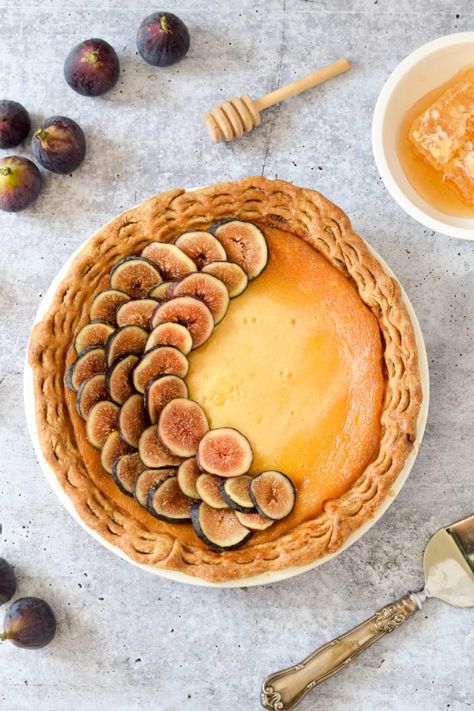 Fig & Honey Custard Pie - West of the Loop Rosh Hashanah Desserts, Fig Pie, Fig And Honey, Figs Recipe, Honey Pie, Pastry Board, Fig Recipes, Custard Pie, Honey Cake