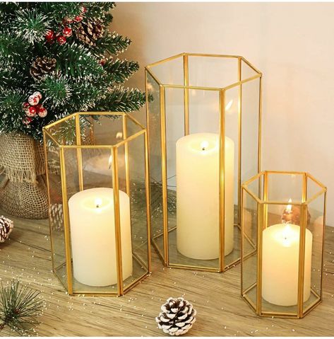 Glass Hurricane Candle Holder, Set of 3 Large Clear Hexagon Lanterns Pillar Candle Lantern with Gold Metal Frame Wedding Centerpiece Table Decor Home Decorations Centerpiece Table, Candle Lantern, Frame Wedding, Gold Candles, Christmas Lanterns, Wedding Centerpiece, Candle Holder Set, Wedding Table Centerpieces, Led Candles