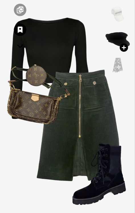 Cropped top (Twinset) High waist green velvet skirt (Mo&Co) Nice small boots Bag matching to the skirt Small Boots, Green Velvet Skirt, Dark Green Skirt, Dark Green Velvet, Style Dark, Velvet Skirt, Boot Bag, Green Skirt, Green Velvet