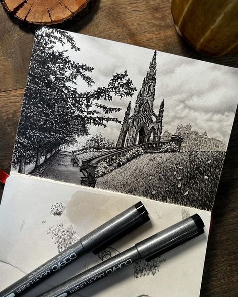 Edinburgh Sketch Drawings, Scott Monument, Fineliner Art, Edinburgh City, Sketch Ideas, Sketchbook Art, Sketchbook Journaling, Stippling, Pen Art