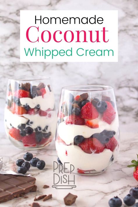 Learn how to make homemade coconut whipped cream that is a great addition to any dessert recipe. Fruit Parfait Dessert, Paleo Whipped Cream, Coconut Whipped Cream Recipe, Whipped Coconut Milk, Coconut Milk Whipped Cream, Whipped Cream Dispenser, Dairy Free Whipped Cream, Low Carb Desserts Easy, Whipped Cream Desserts