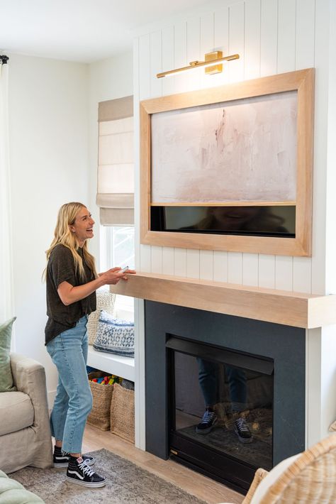 Help! I Wrecked My House Season 2 Episode 3 - The Blog by Jasmine Roth Hide Tv Over Fireplace, Tv Cover Up, Cornice Tv, Updo For Long Hair, Tv Above Fireplace, Tv Nook, Jasmine Roth, Tv Over Fireplace, Hidden Tv