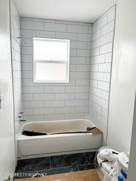 DIY tips for tiling a tub surround | TwoFeetFirst Bathroom Renovation Diy, Makeover Kamar Mandi, Trendy Bathroom Tiles, New Bathroom Ideas, Beige Bathroom, Bathroom Tub, Diy Bathroom Remodel, Trendy Bathroom, Bathroom Floor Tiles