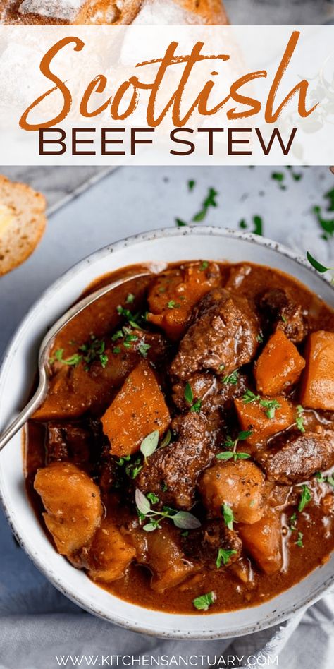 Scottish Beef Stew - cooked in the oven or crockpot. Perfect for Burns night! #BurnsNight #Scottish #SlowCooked #BeefStew #crockpot #recipe Scottish Beef Stew, Beef Stew Crockpot, Scottish Recipes, Burns Night, Slow Cooker Beef Stew, Beef Casserole Recipes, Crockpot Recipes Beef, Beef Stew Recipe, Tender Beef